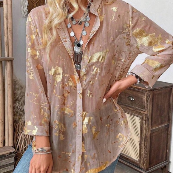 Women's Sheer Taupe Button-Down Blouse with Gold Foil - Picture 3 of 6